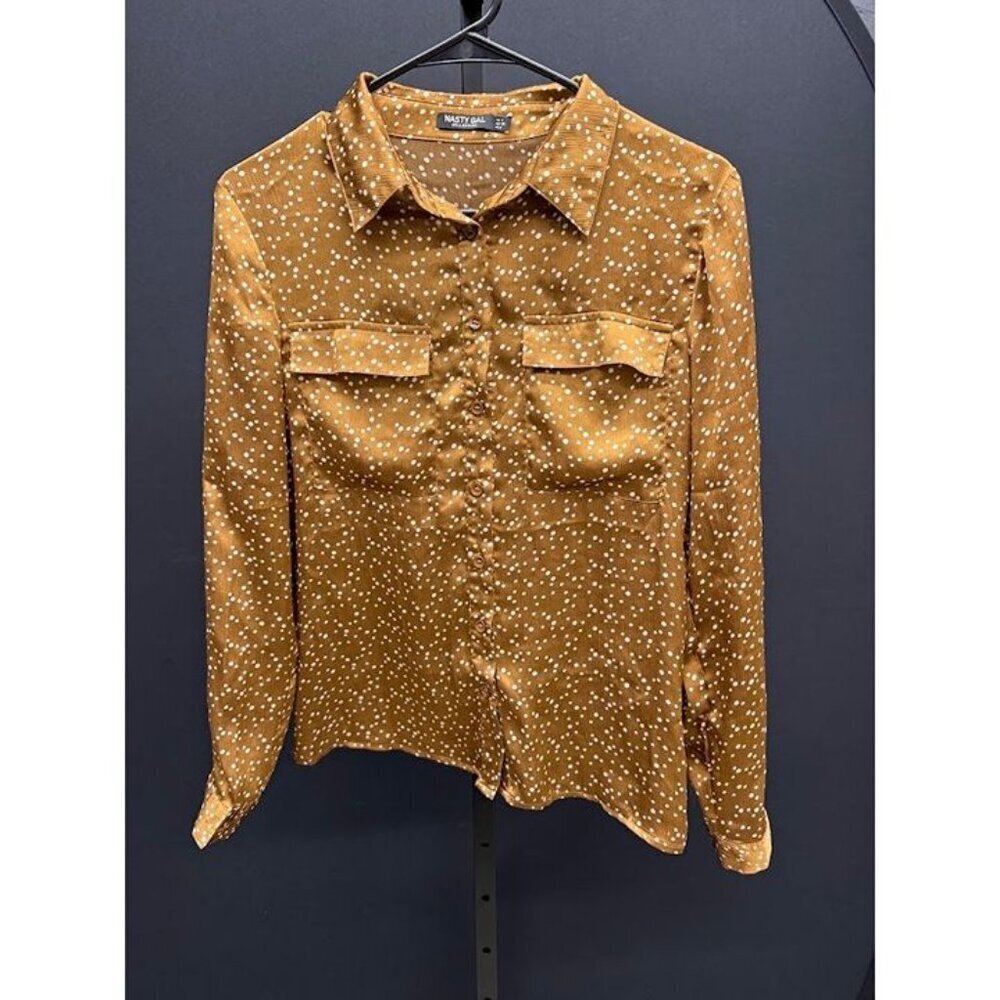 Nasty Gal Collection Bronze Brown Polka Dot Button Up Shirt
